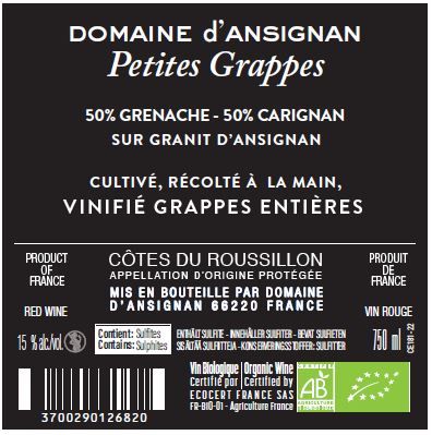 LES PETITES GRAPPES DOMAINE D'ansignan contre étiquette